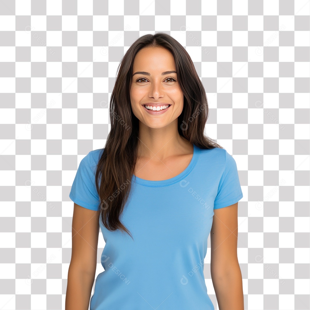 Mulher Morena de Blusa Azul Sorrindo Fundo PNG Transparente