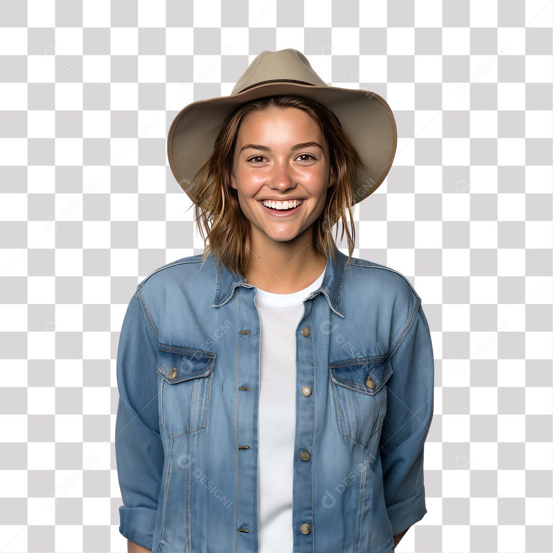 Mulher com Chapéu Elegante e Roupa Jeans Sorrindo Fundo PNG Transparente
