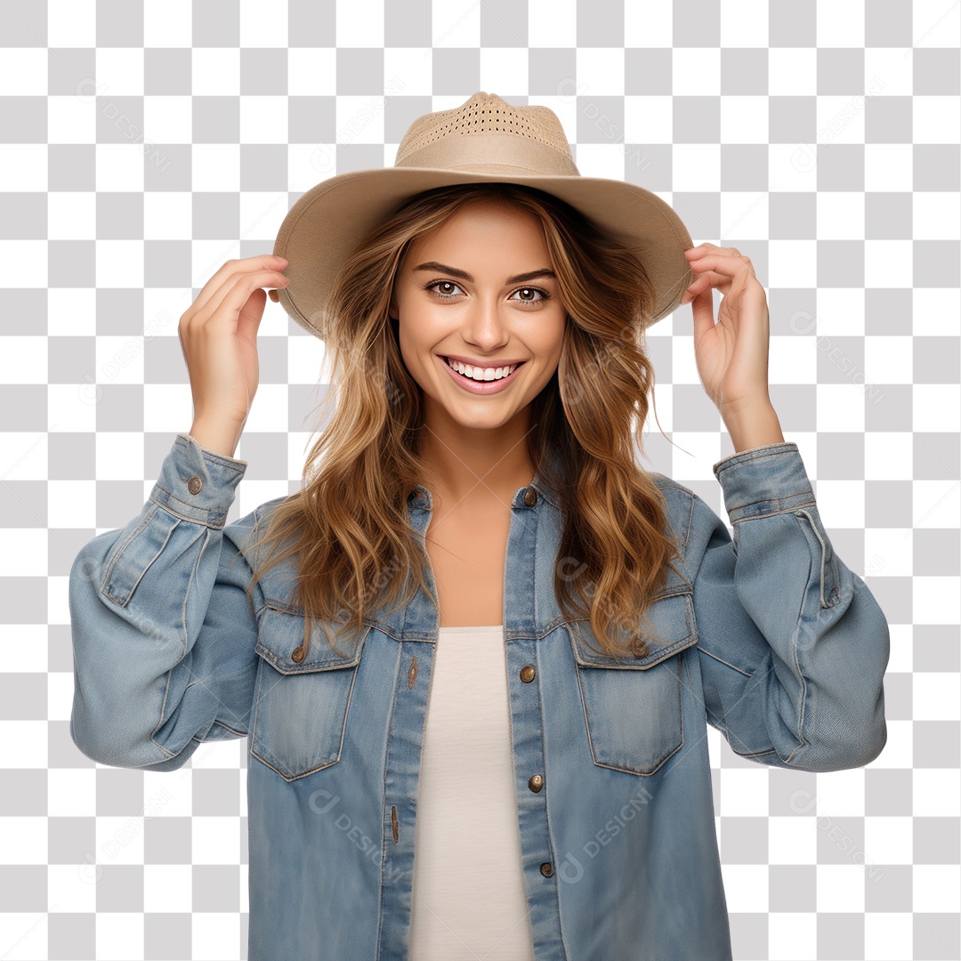 Mulher com Chapéu Elegante e Roupa Jeans Sorrindo Fundo PNG Transparente