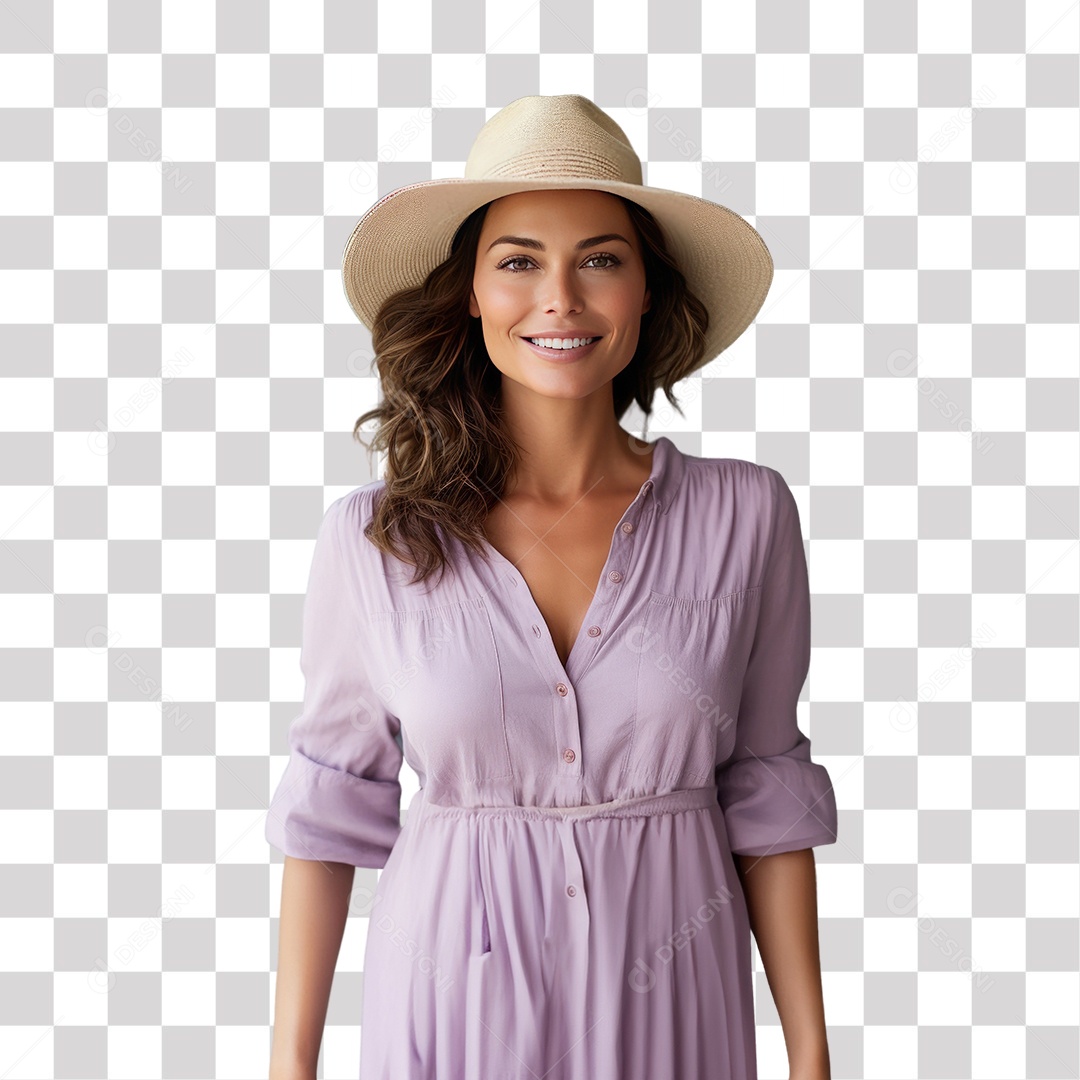 Mulher com Chapéu Elegante e Roupa Roxa Sorrindo Fundo PNG Transparente