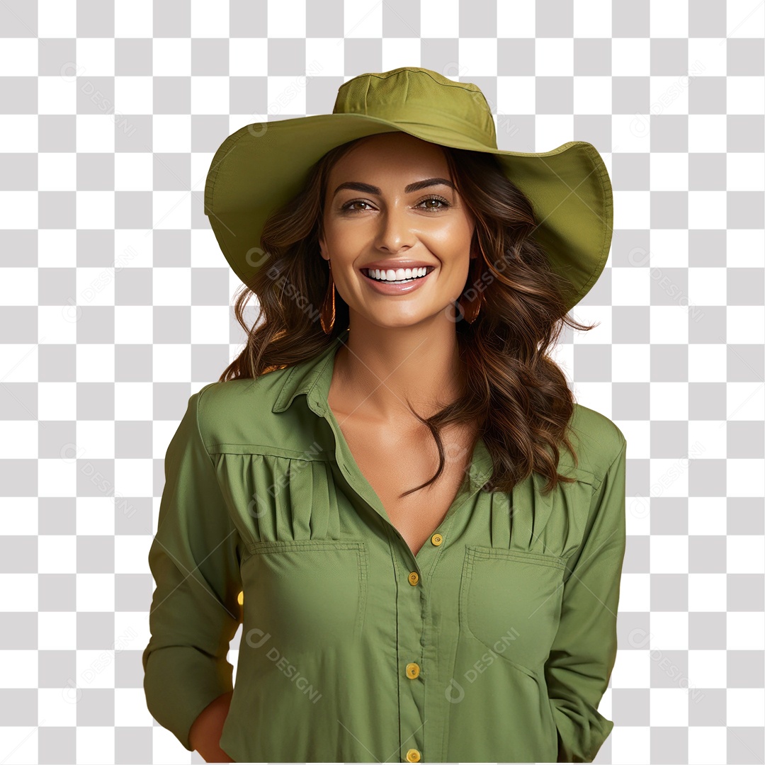 Mulher com Chapéu Elegante Verde Sorrindo Fundo PNG Transparente