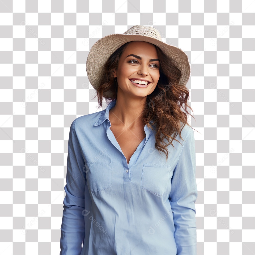 Mulher de Camisa Social Azul Sorrindo Fundo PNG Transparente