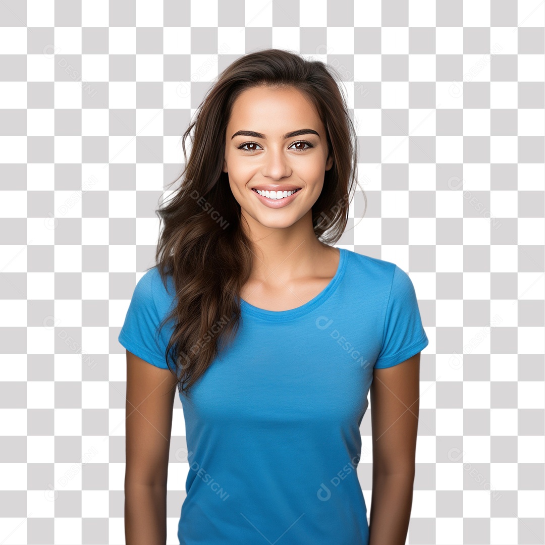 Mulher Morena de Blusa Azul Sorrindo Fundo PNG Transparente