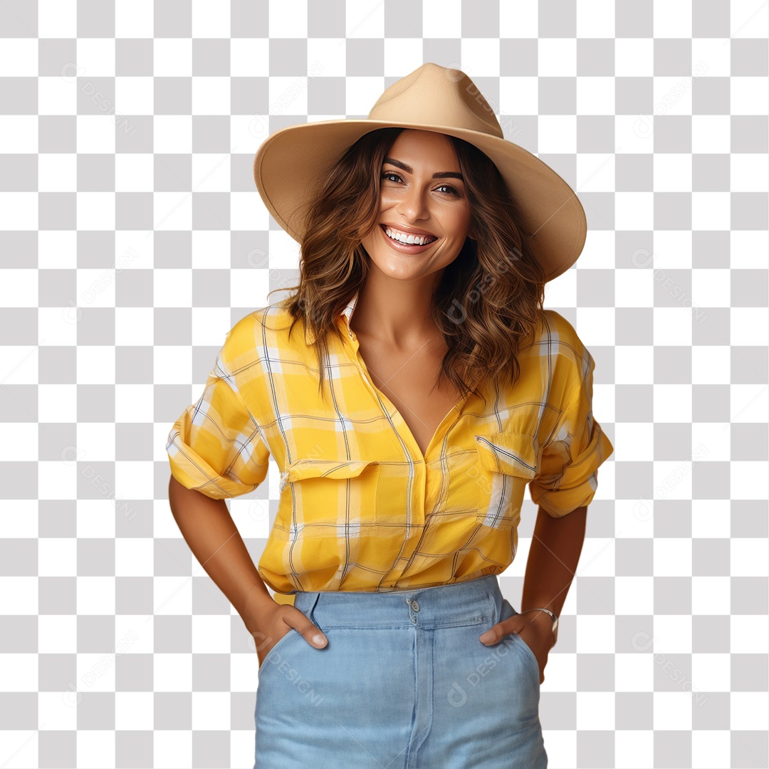 Mulher com Chapéu Elegante de Blusa Xadrez e Mãos no Bolso Sorrindo Fundo PNG Transparente
