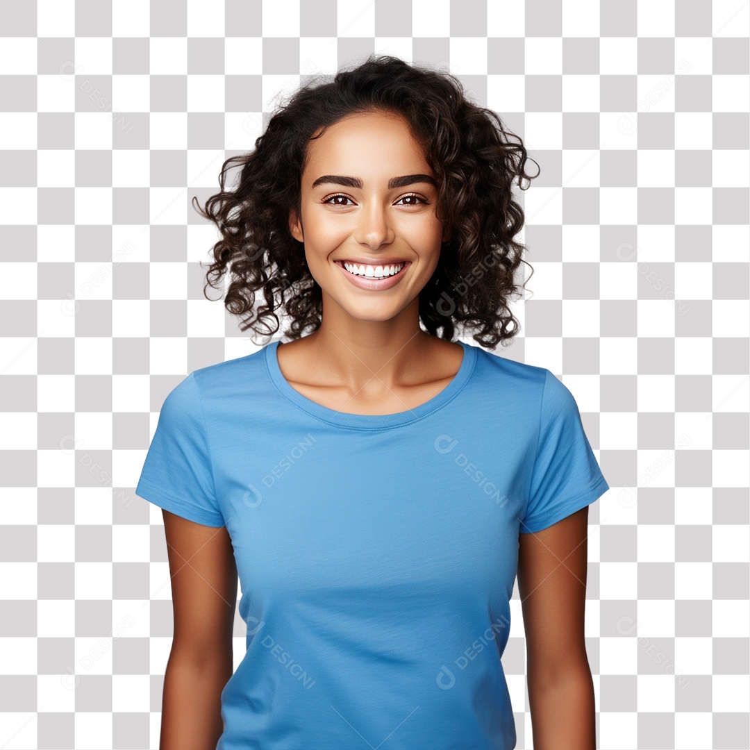 Mulher Morena de Cabelo Cacheado e Blusa Azul Sorrindo Fundo PNG Transparente