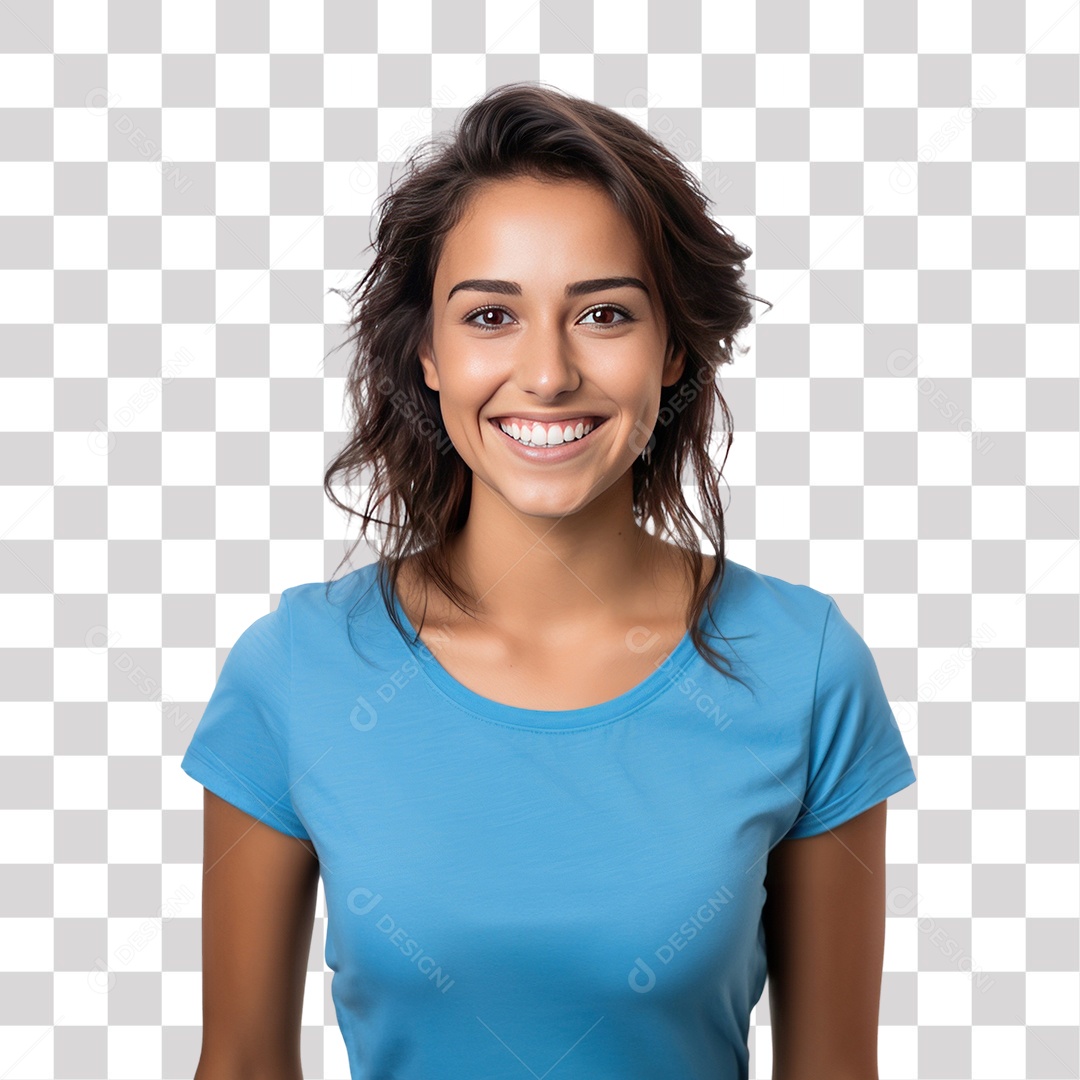 Mulher Morena de Blusa Azul Sorrindo Fundo PNG Transparente
