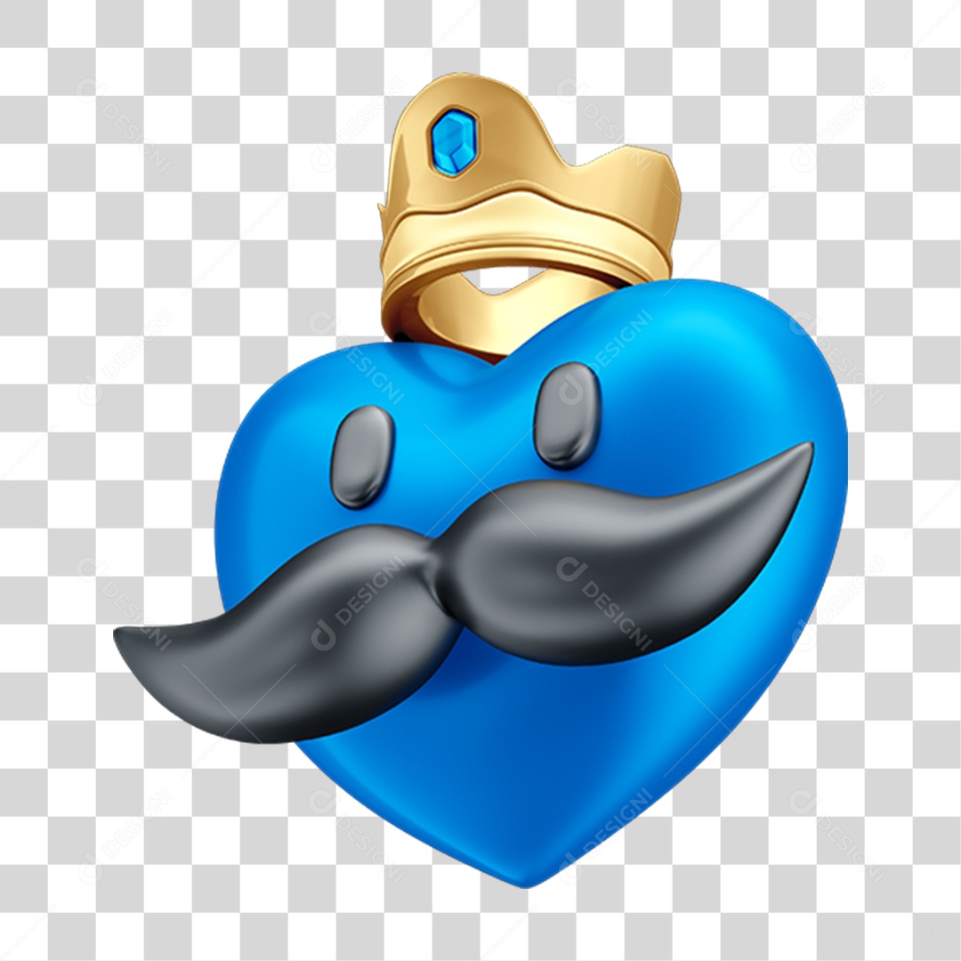 Objeto 3D Coração com Bigode para Composição PNG Transparente