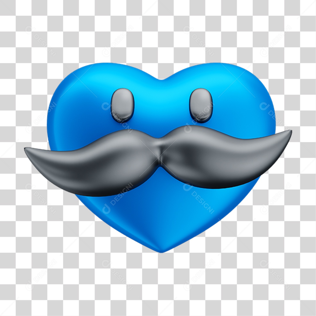 Objeto 3D Coração com Bigode para Composição PNG Transparente