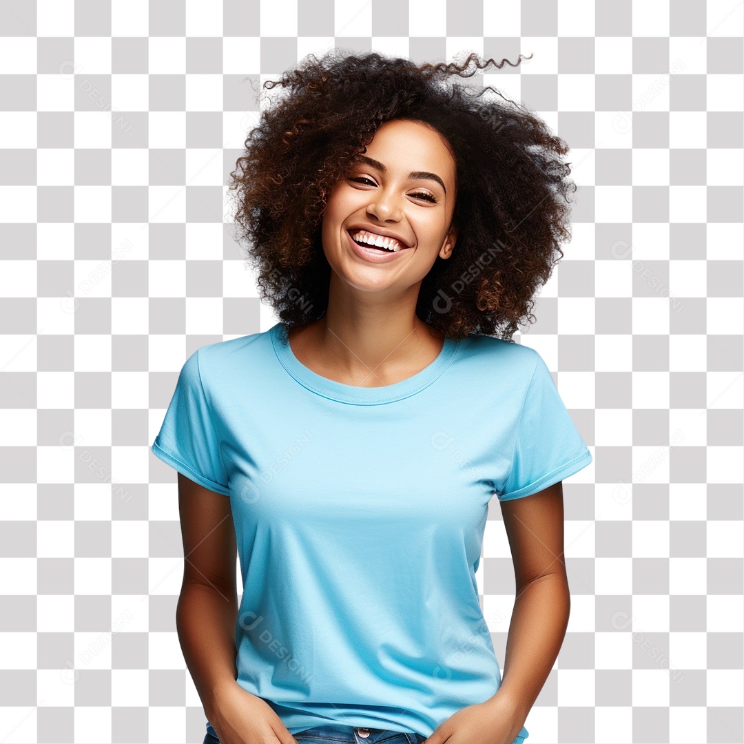 Mulher Morena de Cabelo Cacheado e Blusa Azul Sorrindo Fundo PNG Transparente