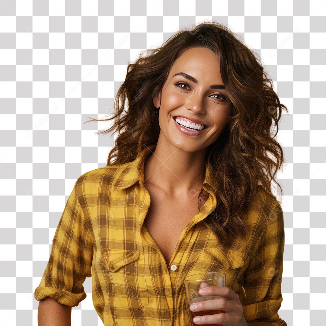 Mulher de Roupa Xadrez com Copo na Mão Sorrindo Fundo PNG Transparente