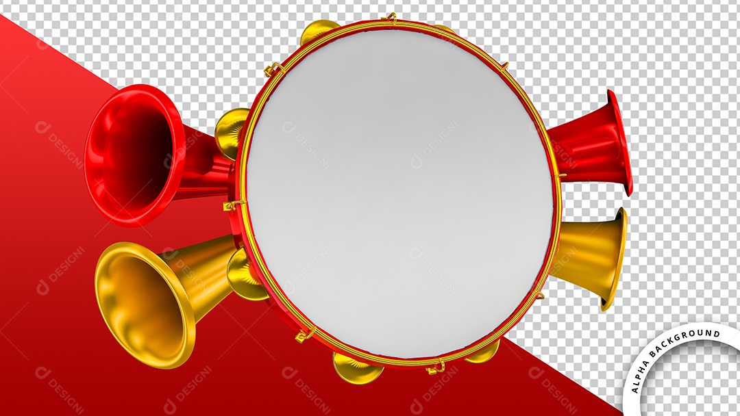 Elemento 3D Pandeiro Dourado e Vermelho Para Composição PSD