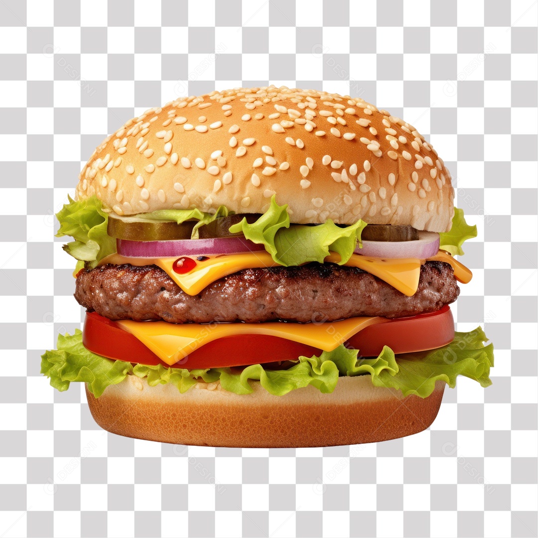 Hambúrguer com Alface Cebola Tomate Carne e Queijo Fundo PNG Transparente