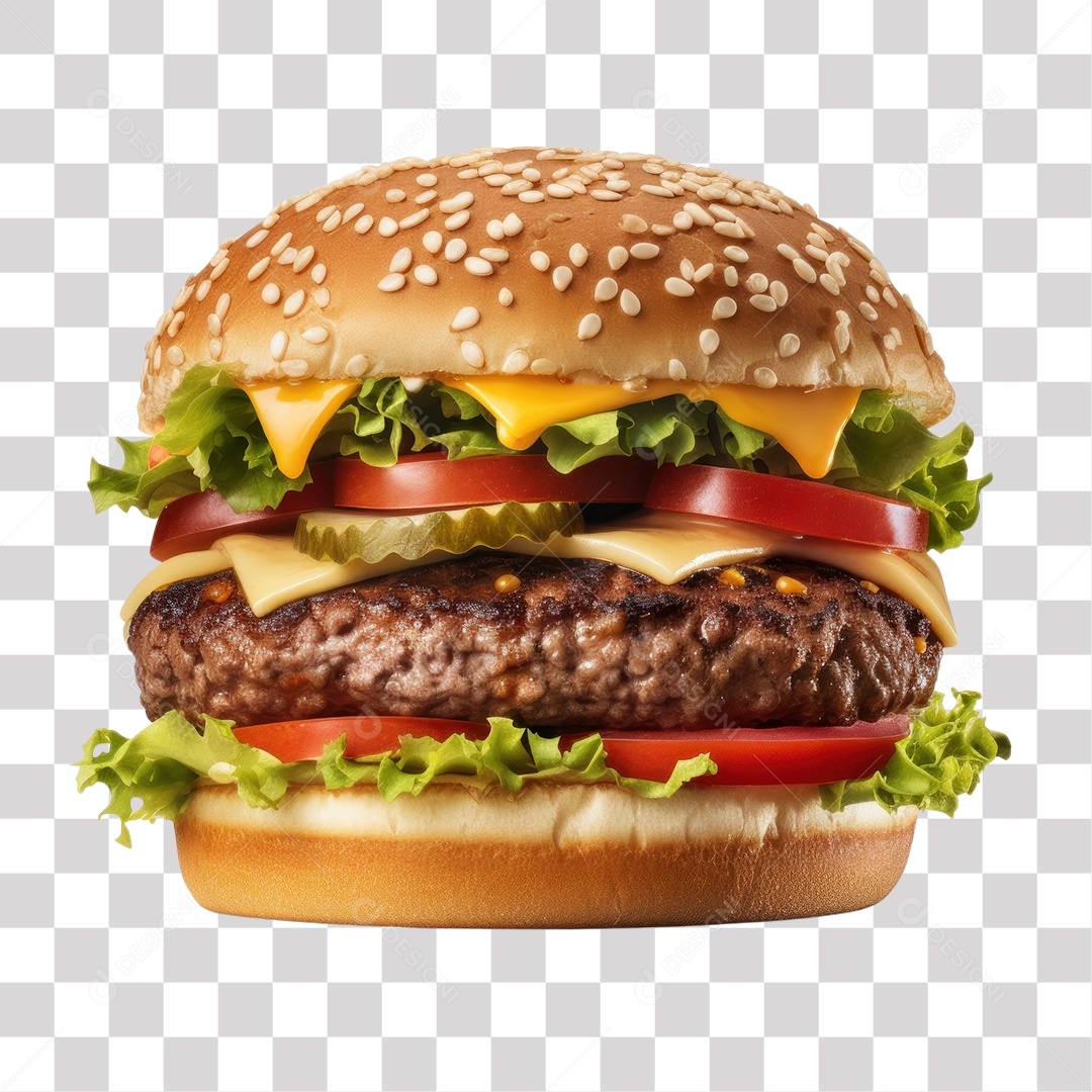 Hambúrguer com Alface Cebola Tomate Carne e Queijo Fundo PNG Transparente