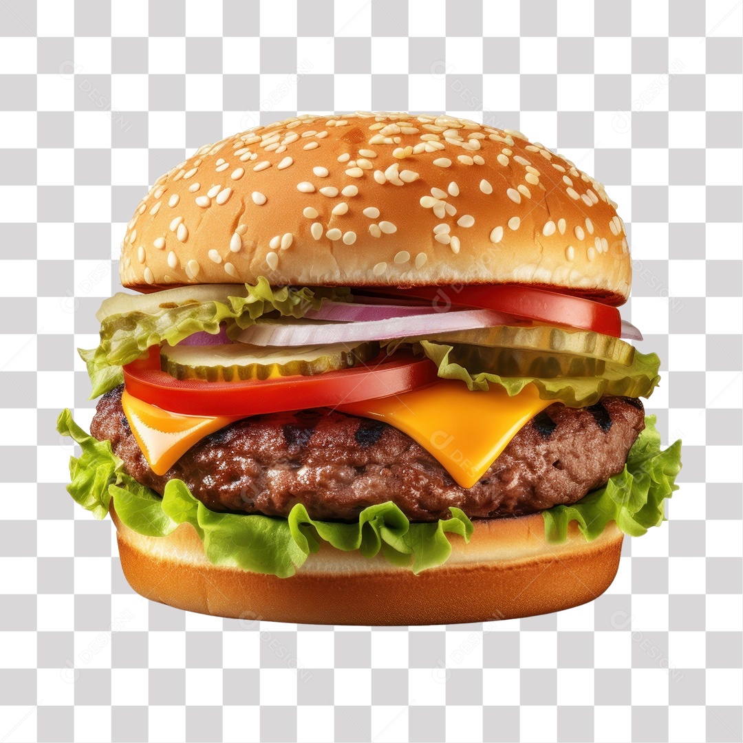 Hambúrguer com Alface Cebola Tomate Carne e Queijo Fundo PNG Transparente