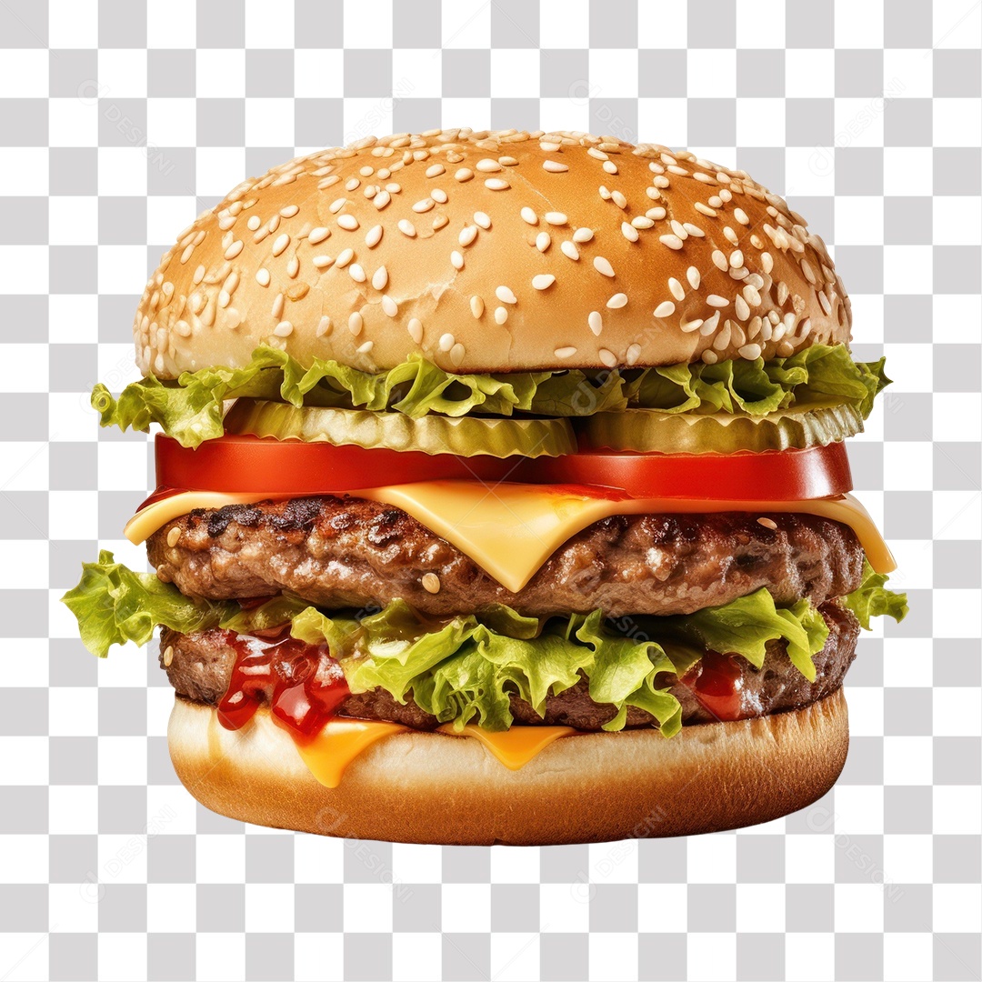 Hambúrguer com Alface Cebola Tomate Carne e Queijo Fundo PNG Transparente