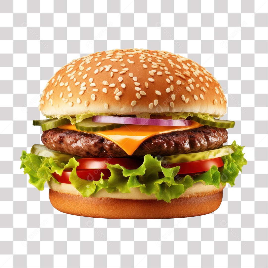 Hambúrguer com Alface Cebola Tomate Carne e Queijo Fundo PNG Transparente