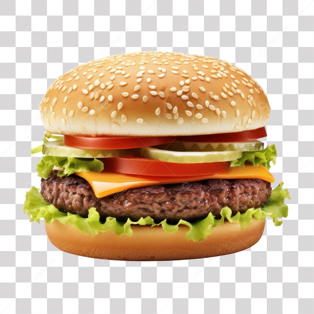 Hambúrguer com Alface Cebola Tomate Carne e Queijo Fundo PNG Transparente