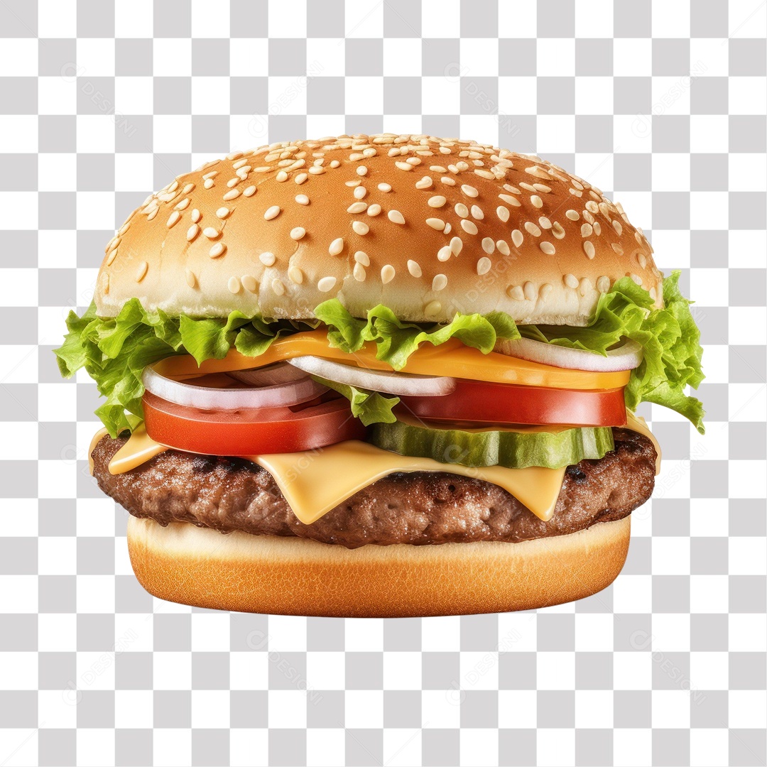 Hambúrguer com Alface Cebola Tomate Carne e Queijo Fundo PNG Transparente
