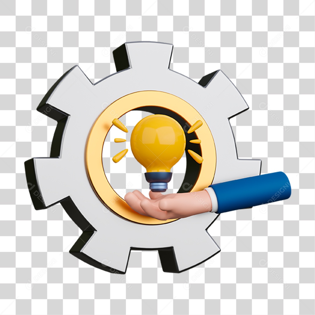 Elemento 3D Engrenagem Mão com Lâmpada para Composição PNG Transparente