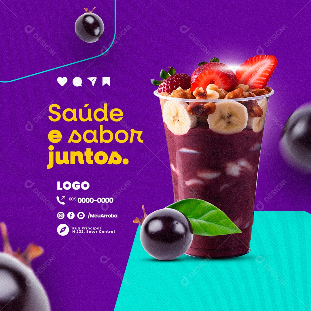 Açaiteria Copo de Açaí com Pedaços de Morango e Banana Saúde e Sabor Juntos Social Media PSD Editável