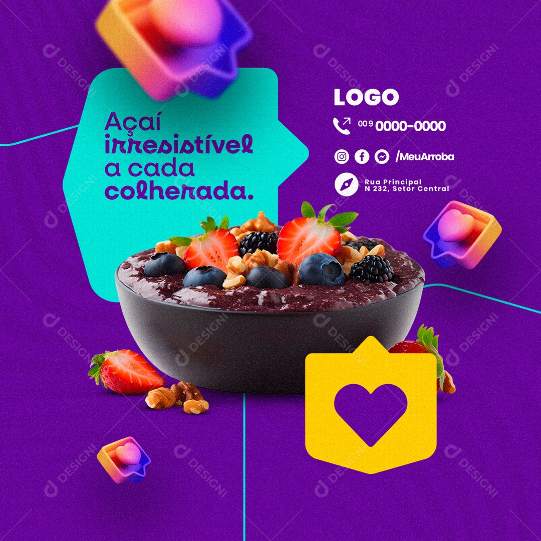 Açaiteria Tigela de Açaí Irresistível a Cada Colherada Social Media PSD Editável