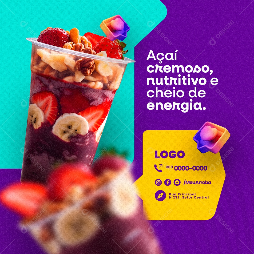 Açaiteria Copo De Açaí Cremoso Nutritivo e Cheio de Energia Social Media PSD Editável