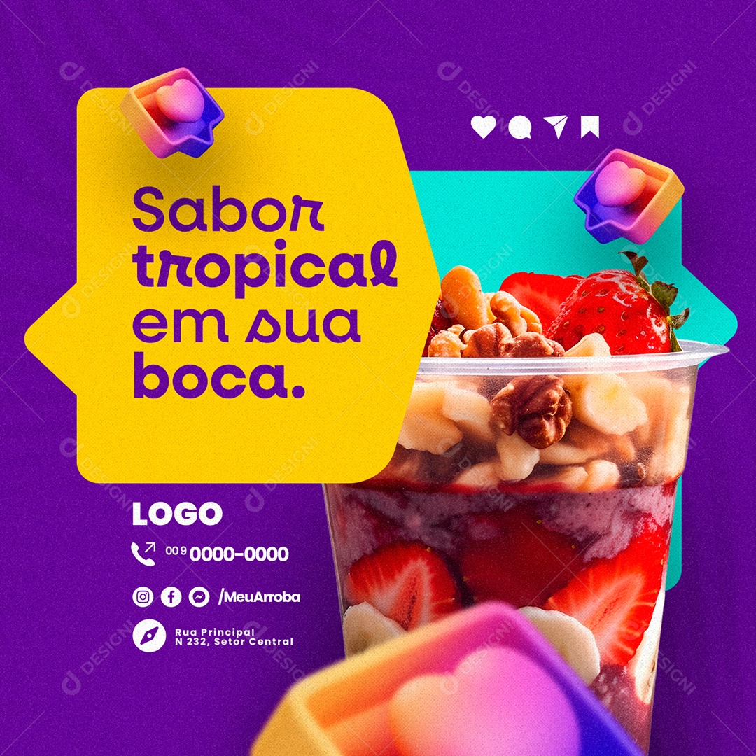 Açaiteria Copo De Açaí Sabor Tropical em Sua Boca Social Media PSD Editável