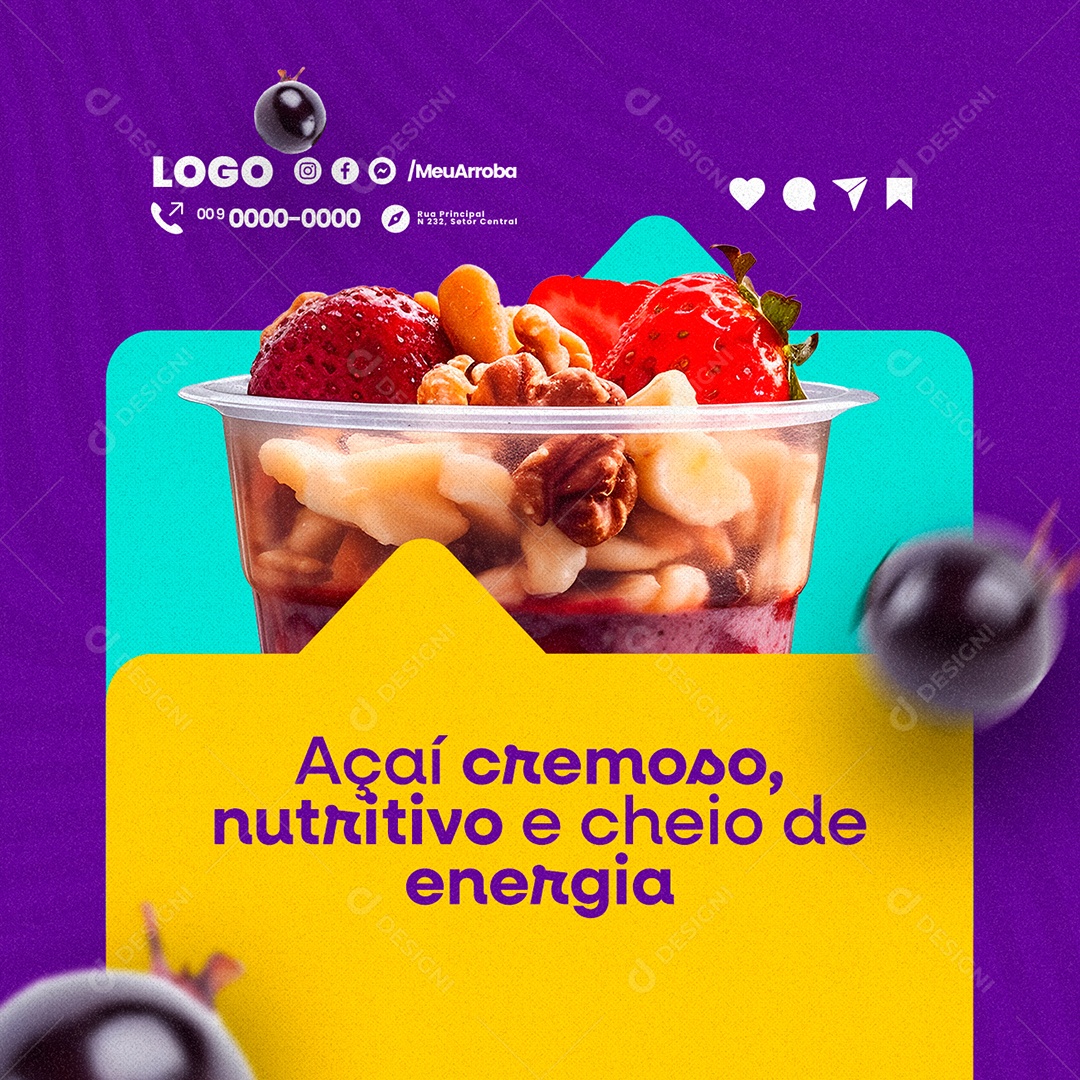 Açaiteria Açaí Cremoso Nutritivo e Cheio de Energia Social Media PSD Editável