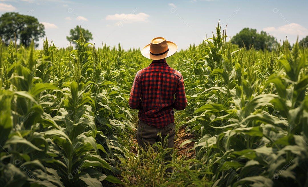 Homem agricultor no meio da plantação