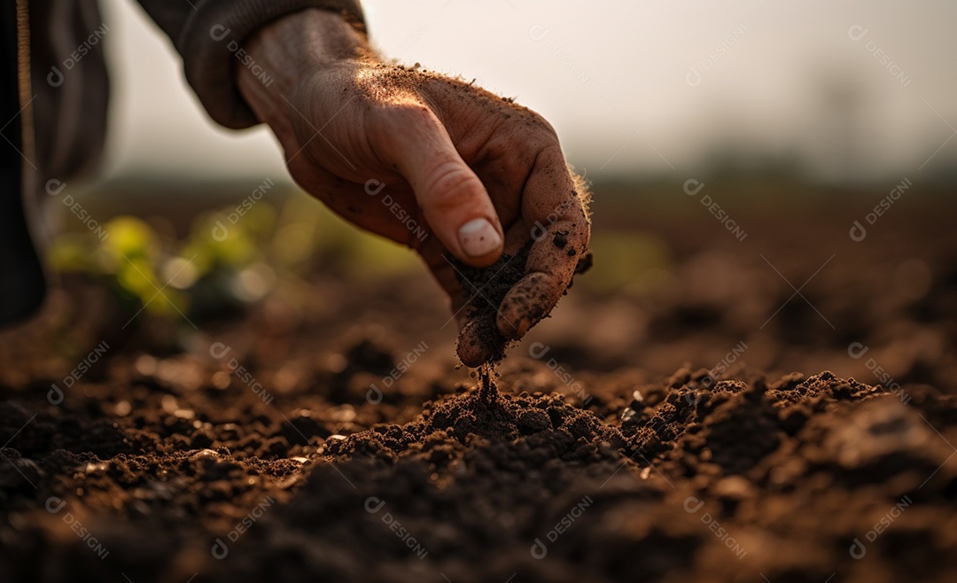 Mãos do agricultor sobre plantas da fazenda