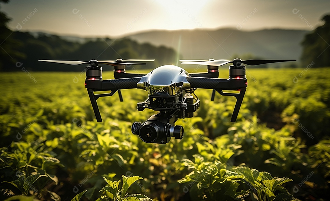 Drone pulverizador agrícola sobre plantação na fazenda