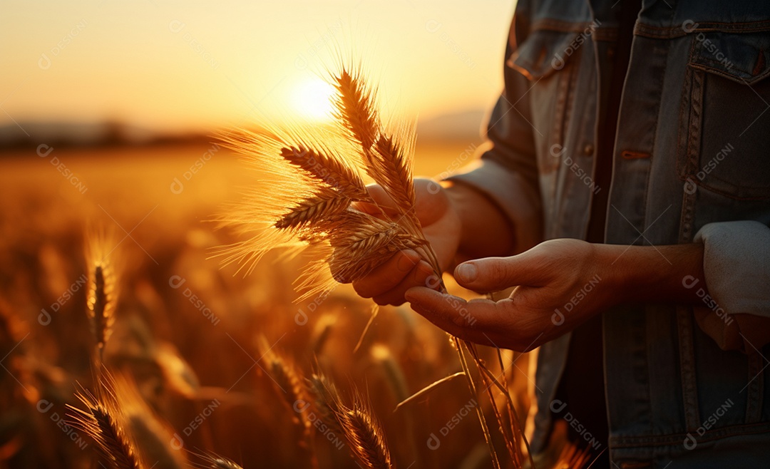 Homem agricultor sobre plantação de trigo