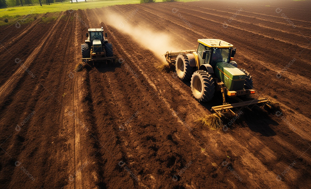 Dois tratores agrícolas trabalhando sobre solo