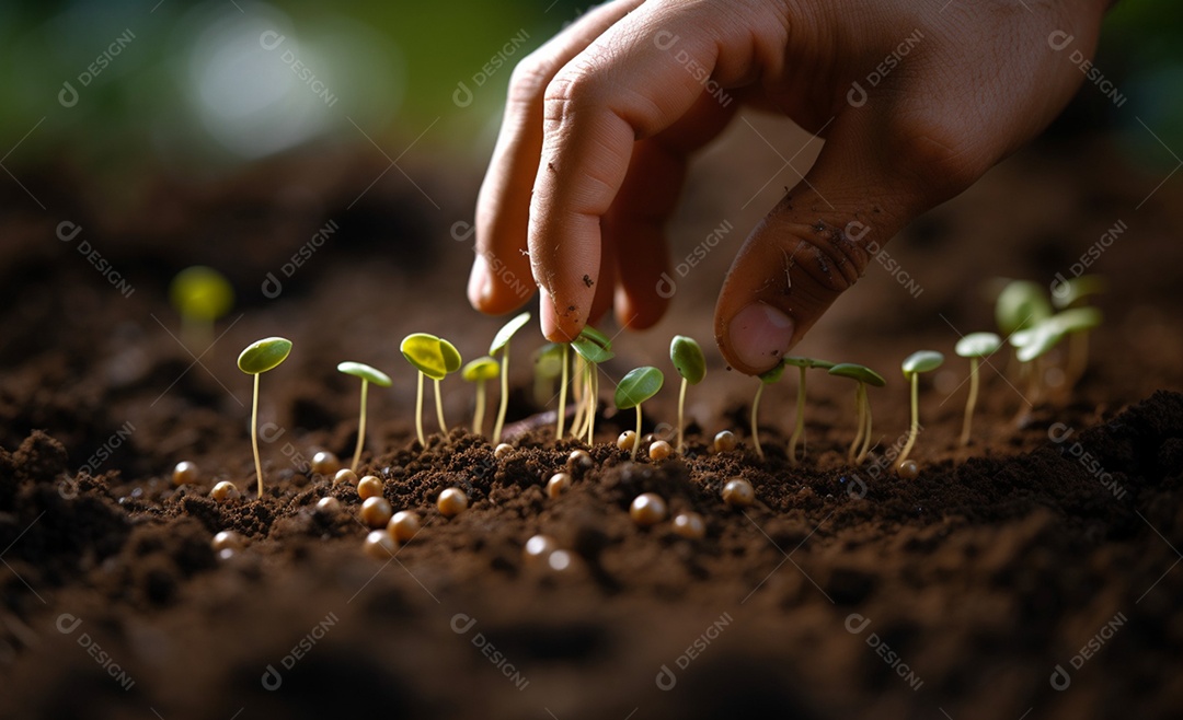 A mão do agricultor está segurando uma muda de plantas