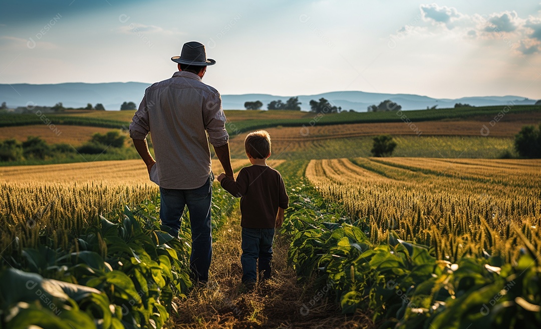 Homem agricultor andando sobre a plantação na fazenda
