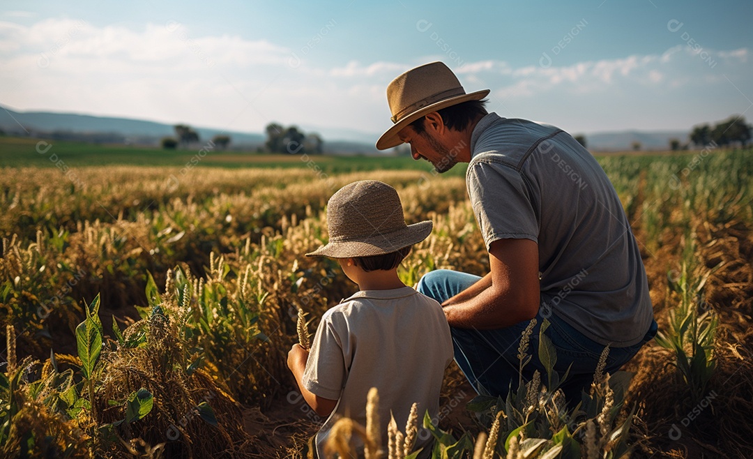 Homem agricultor trabalhando na fazenda com filho