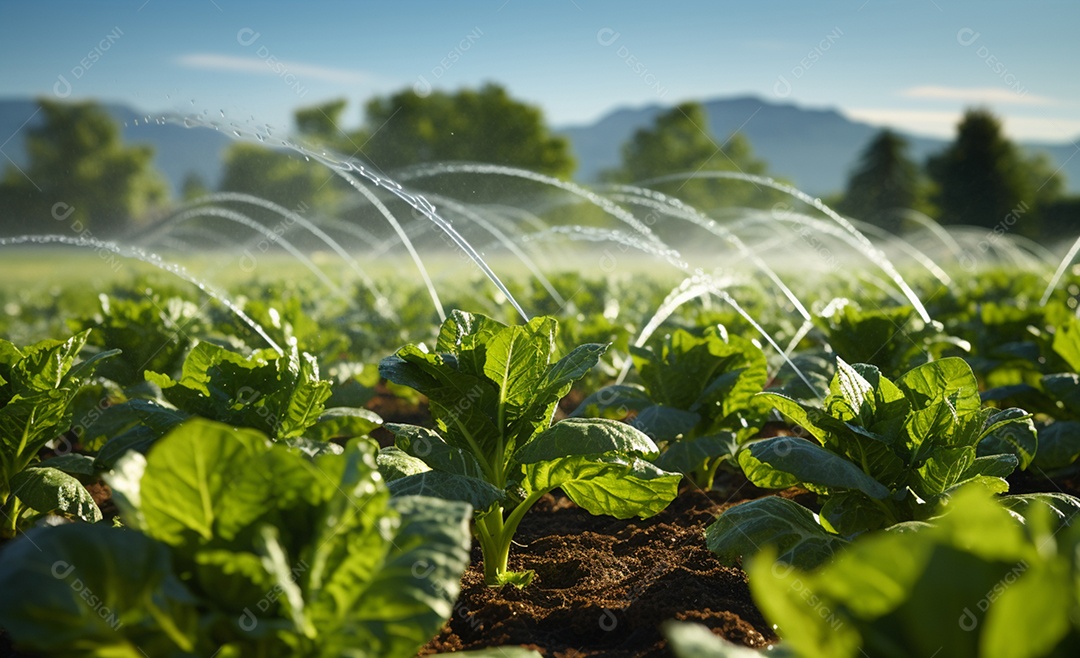 Sistema de irrigação na plantação de couve