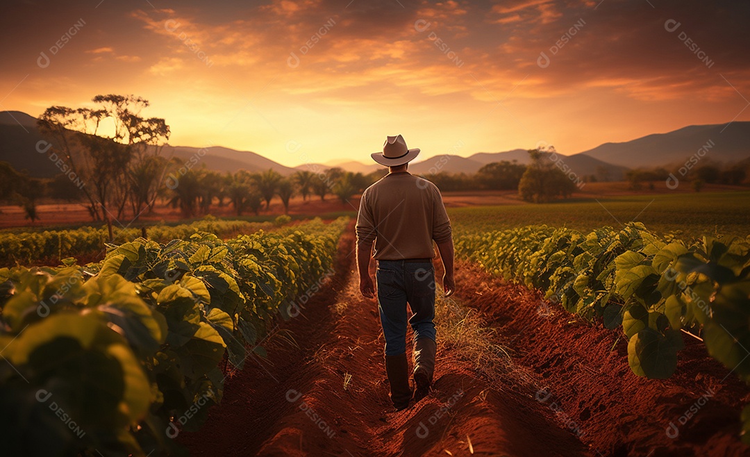Homem agricultor andando sobre plantação na fazenda
