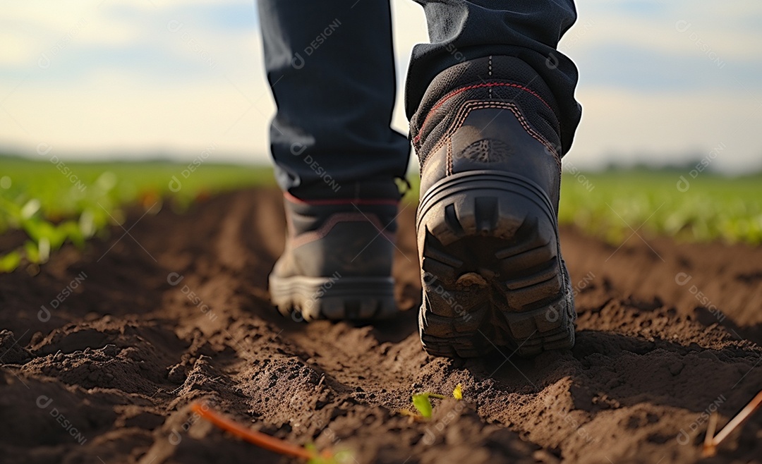 Homem agricultor andando sobre plantação na fazenda