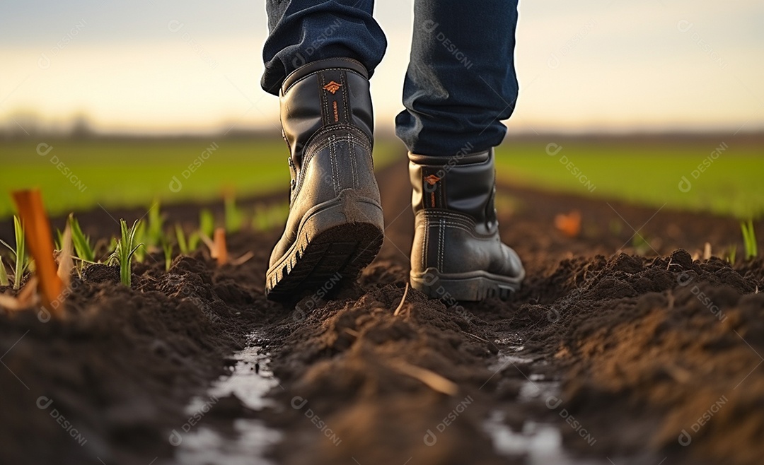 Homem agricultor andando sobre o solo da fazenda