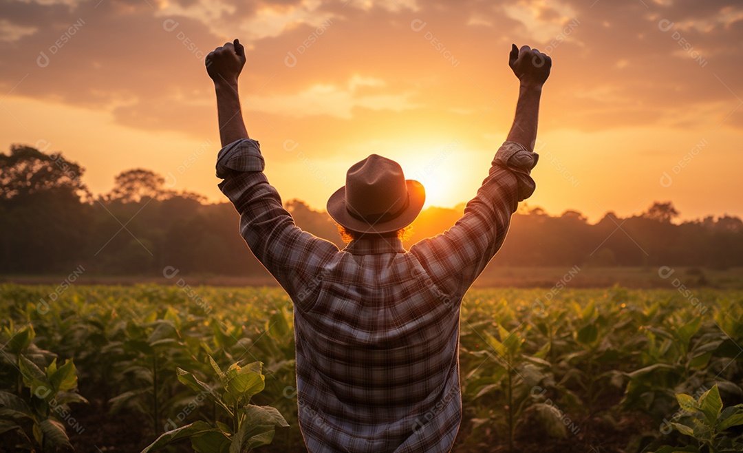 Homem agricultor comemorando na fazenda
