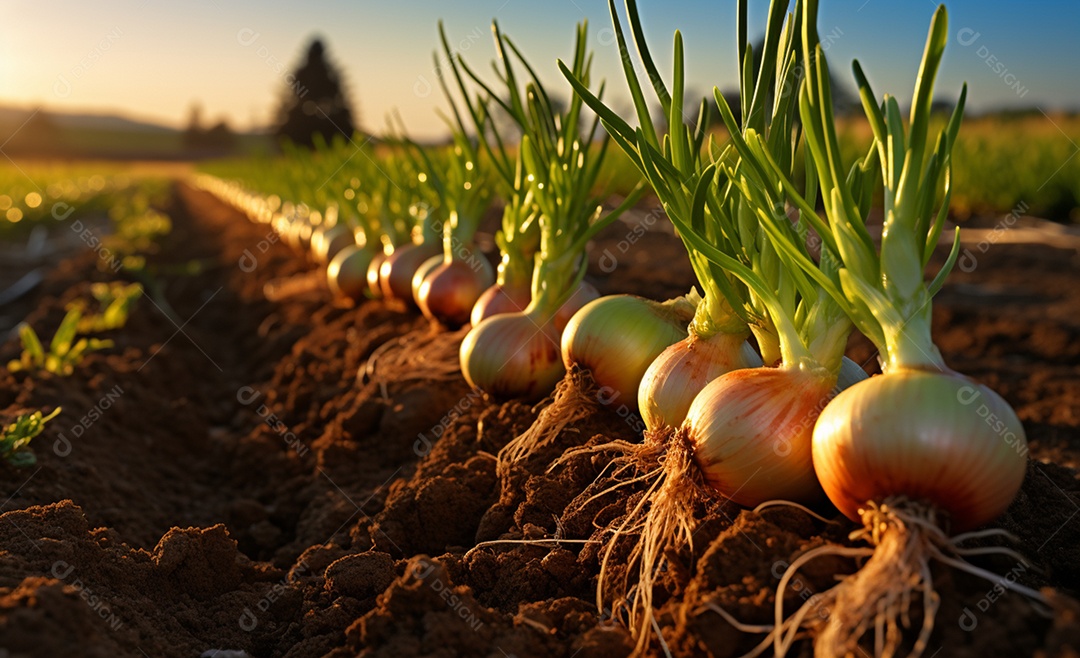 Plantação de cebola no solo da fazenda