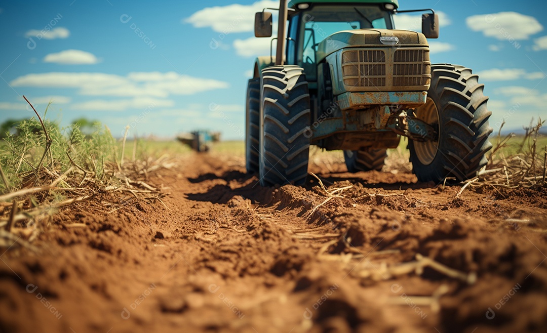 Trator agrícola sobre solo na fazenda