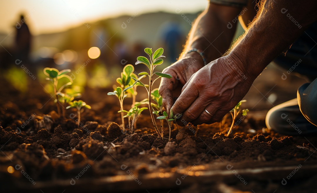 Homem agricultor em cultivos de plantas sobre o solo