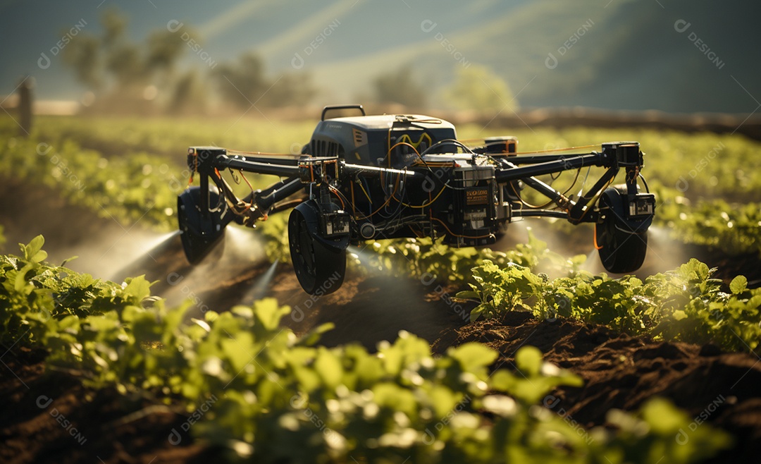 Drone pulverizador agrícola sobre plantação na fazenda
