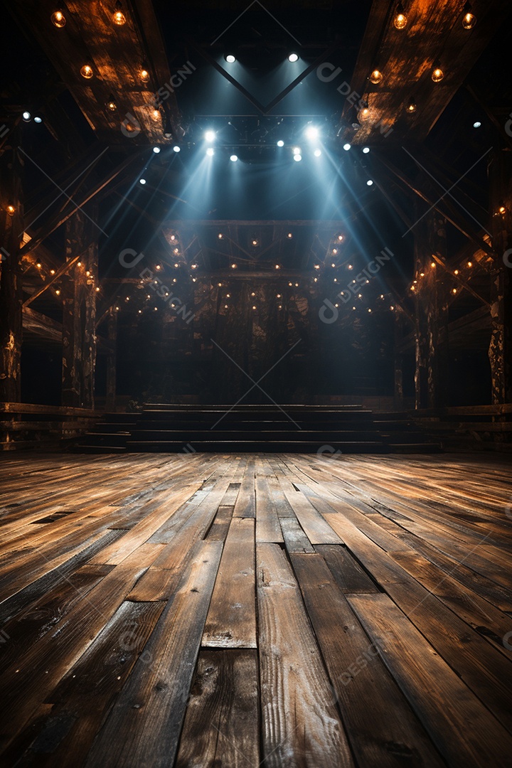Cenário para evento de madeira com iluminação