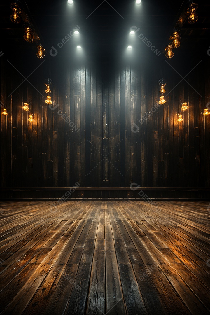 Cenário para evento de madeira com iluminação