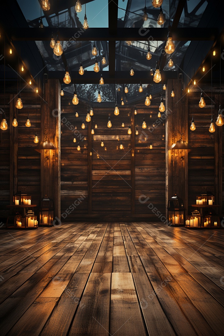 Cenário para evento de madeira com iluminação