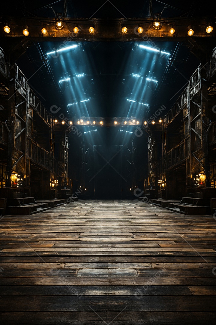 Cenário para evento de madeira com iluminação