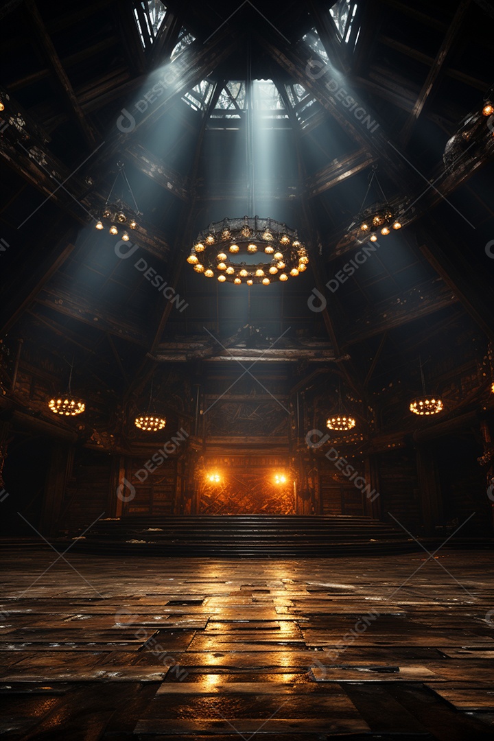 Cenário para evento de madeira com iluminação